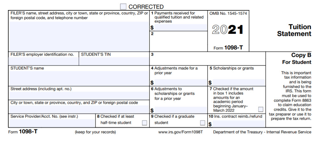 Example image of Form 1098-T for 2021 pulled from IRS website