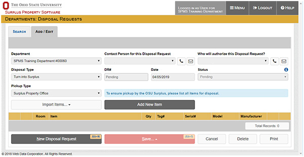 Screenshot of the new Surplus Property System