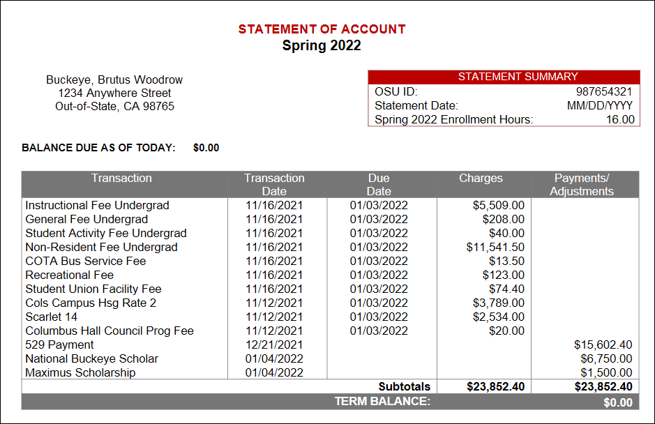 Example statement of account