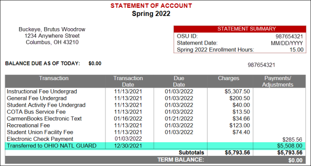Example sponsored student statement of account