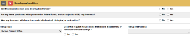 SPS Disposal Conditions Screenshot that shows the questions described previously