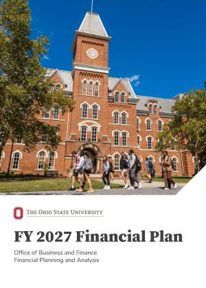 FY27 Financial Plan coverpage with students walking in front of a university building