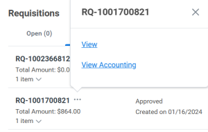 Screenprint of a Requisition with the related actions button selected that brings up a screen with a View and View Accounting options